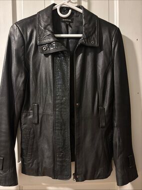 bebe Black Leather Jacket with Croc-Trim Placket